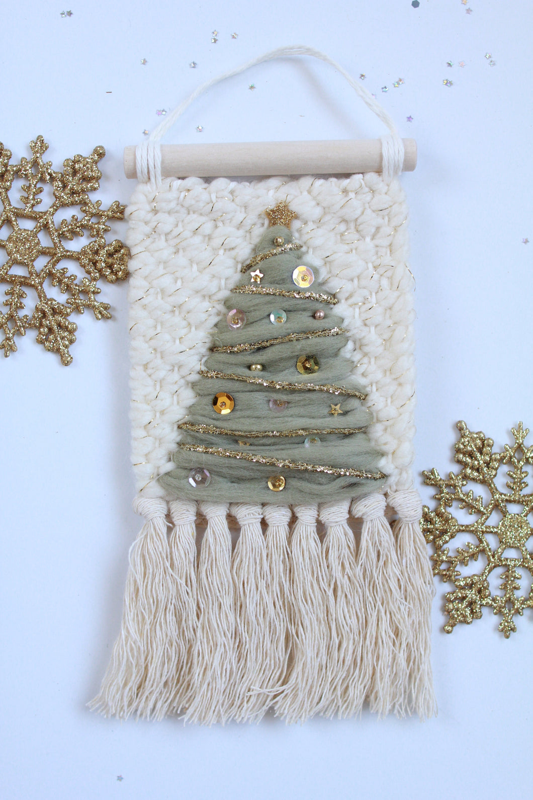 Mini Christmas Tree Wall Weaving Sage w/Sequins